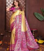 yellow color banarasi tissue silk blend blend fabric woven rich paithani designer saree