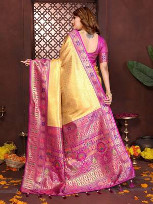 yellow faux banarasi tissue silk blend blend woven rich paithani saree 3