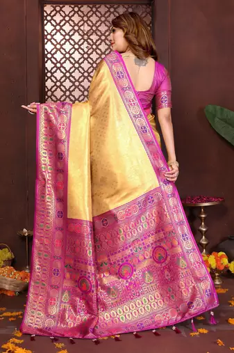 yellow faux banarasi tissue silk blend blend woven rich paithani saree