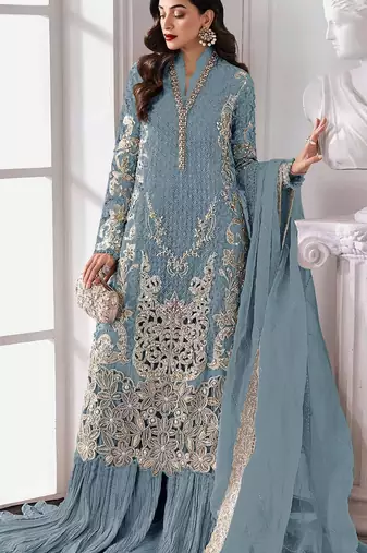 Blue fox georgette semi stitched suit with embroidery sequence work