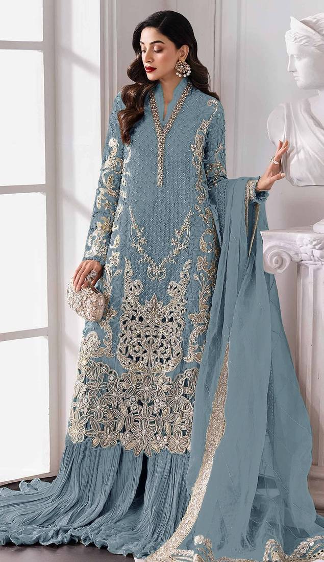 Blue fox georgette semi stitched suit with embroidery sequence work