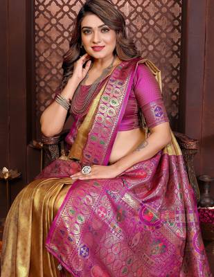 yellow faux banarasi tissue silk blend blend woven rich paithani saree 4