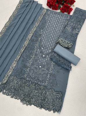Blue fox georgette semi stitched suit with embroidery sequence work 2