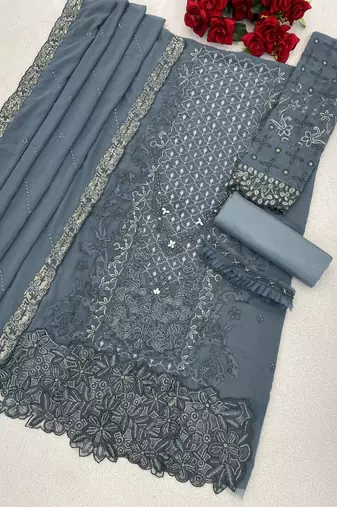 Blue fox georgette semi stitched suit with embroidery sequence work