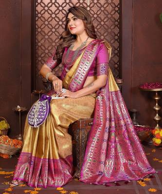 yellow faux banarasi tissue silk blend blend woven rich paithani saree 5