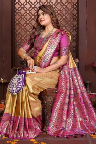 yellow faux banarasi tissue silk blend blend woven rich paithani saree