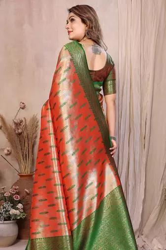 rust faux banarasi tissue silk blend blend rich sophisticated saree