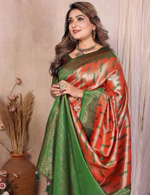 rust faux banarasi tissue silk blend blend rich sophisticated saree 4