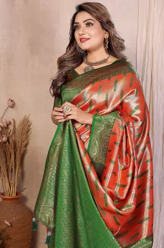rust faux banarasi tissue silk blend blend rich sophisticated saree
