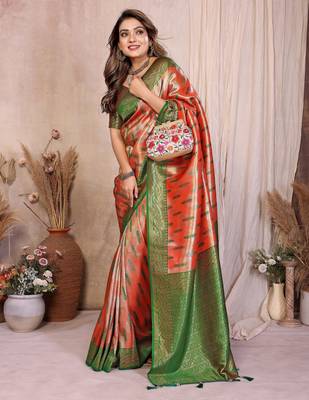 rust faux banarasi tissue silk blend blend rich sophisticated saree 5