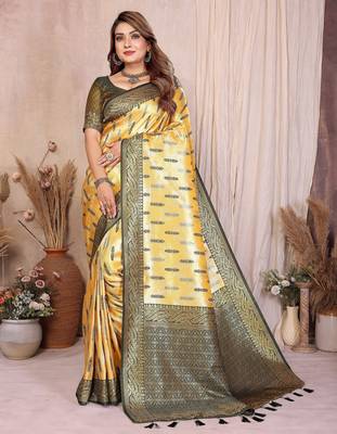 yellow faux banarasi tissue silk blend blend rich sophisticated saree 1