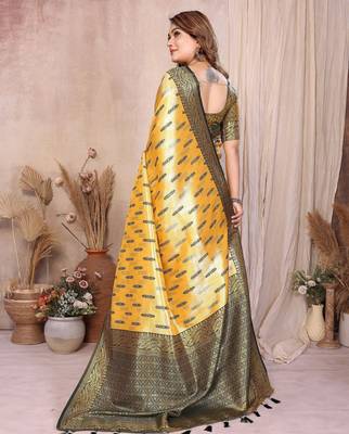 yellow faux banarasi tissue silk blend blend rich sophisticated saree 3