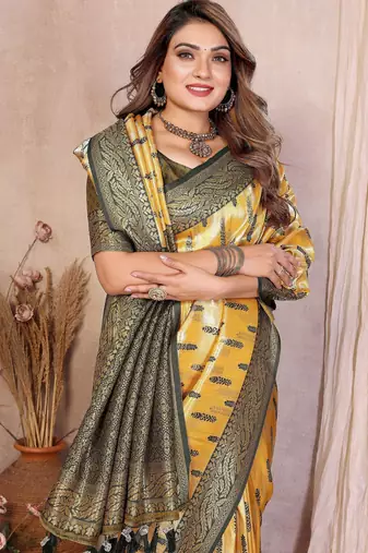 yellow faux banarasi tissue silk blend blend rich sophisticated saree