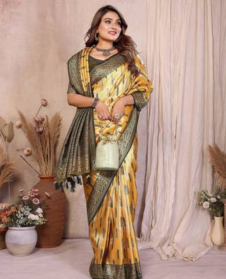 yellow faux banarasi tissue silk blend blend rich sophisticated saree 5