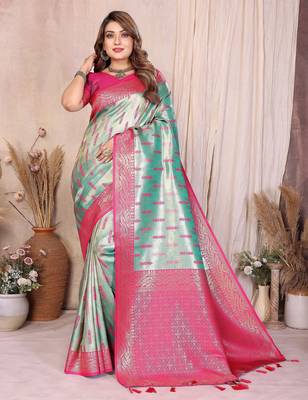 sea green faux banarasi tissue silk blend blend rich sophisticated saree 1