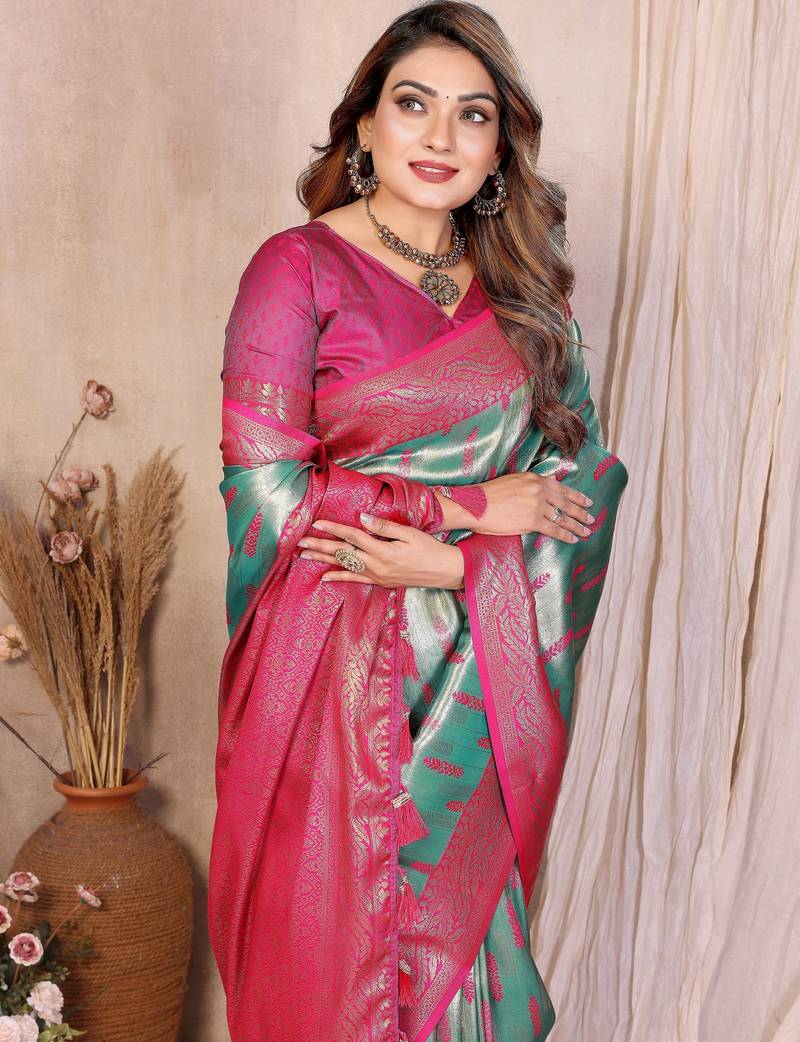 sea green color beautiful banarasi tissue silk blend blend rich sophisticated saree