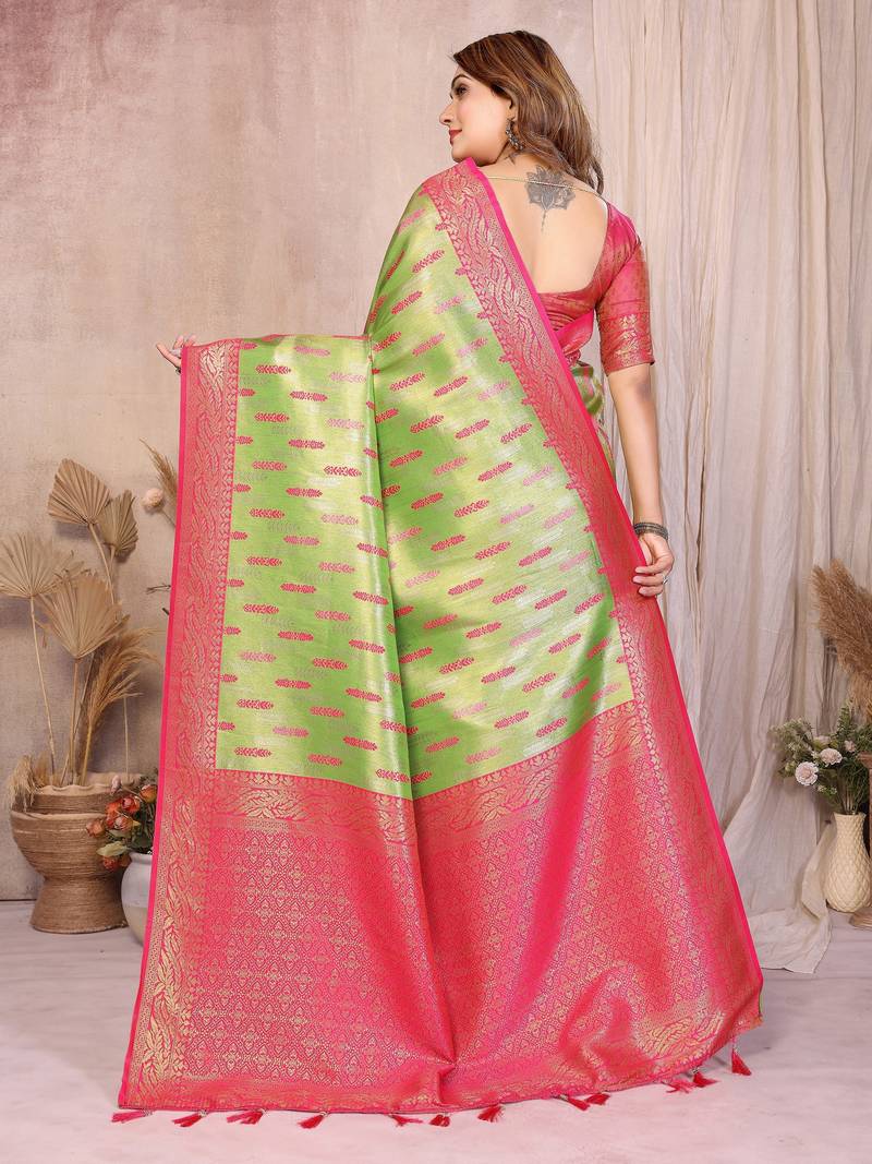 pista color beautiful banarasi tissue silk blend blend rich sophisticated saree