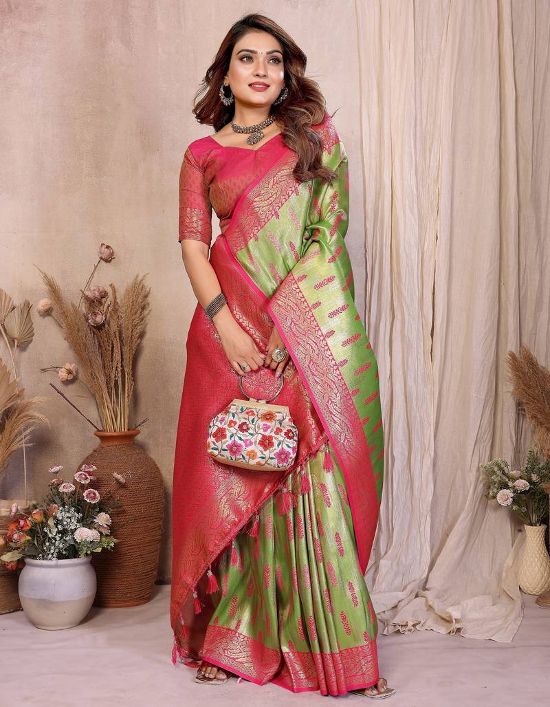 pista color beautiful banarasi tissue silk blend blend rich sophisticated saree