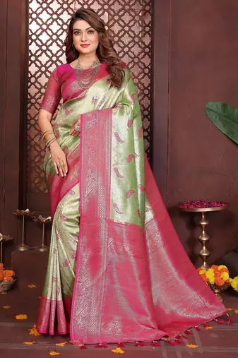 green color banarasi tissue silk blend blend woven rich paithani designer ceremonial saree