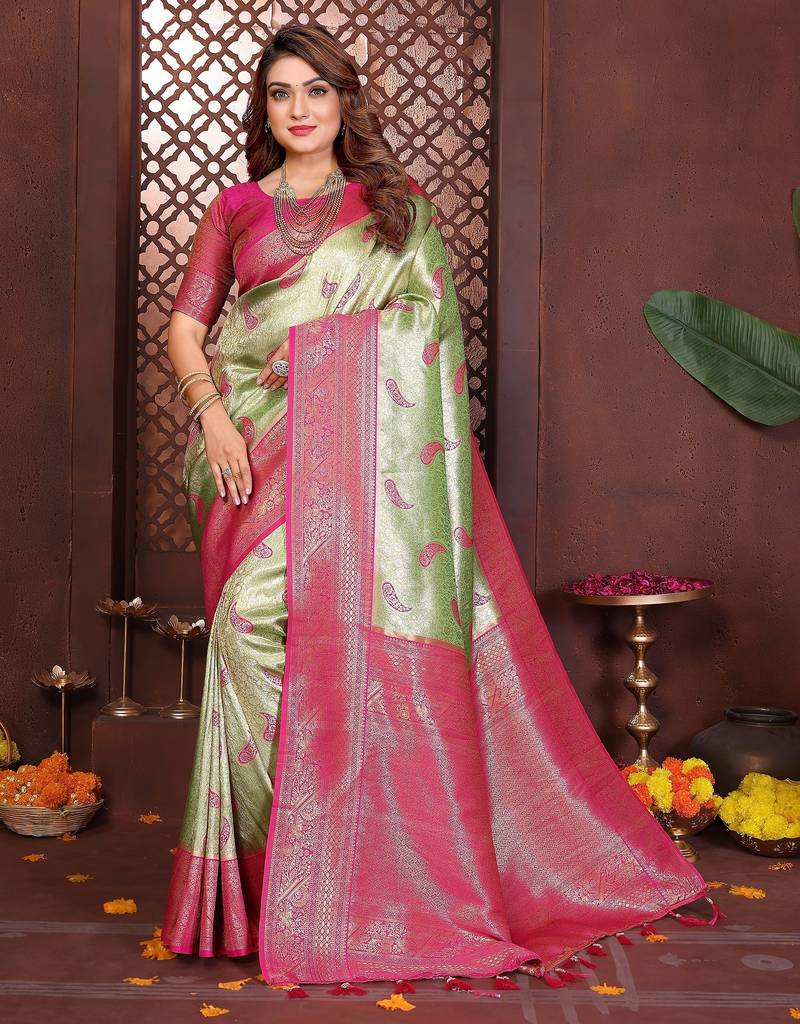green color banarasi tissue silk blend blend woven rich paithani designer ceremonial saree