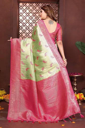 green faux banarasi tissue silk blend blend woven rich paithani ceremonial saree