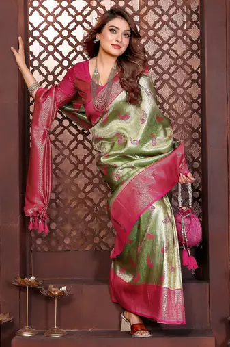 green faux banarasi tissue silk blend blend woven rich paithani ceremonial saree