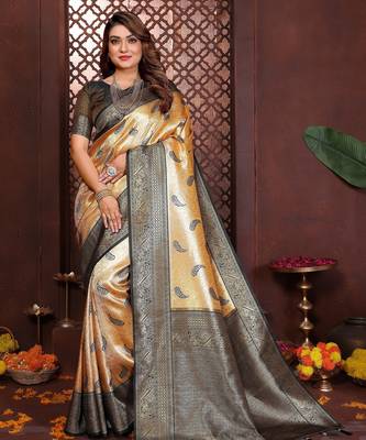 yellow faux banarasi tissue silk blend blend woven rich paithani ceremonial saree 1