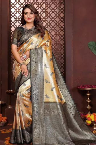 yellow color banarasi tissue silk blend blend woven rich paithani designer ceremonial saree