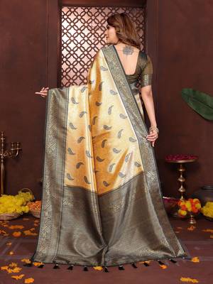yellow faux banarasi tissue silk blend blend woven rich paithani ceremonial saree 3