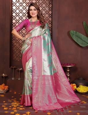 sky blue faux banarasi tissue silk blend blend woven rich paithani ceremonial saree 1