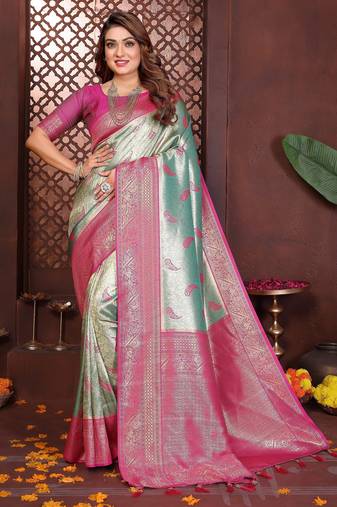 sky blue color banarasi tissue silk blend blend woven rich paithani designer ceremonial saree