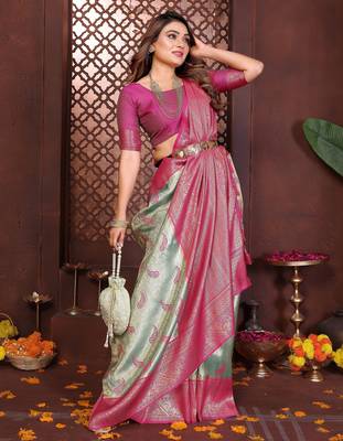 sky blue faux banarasi tissue silk blend blend woven rich paithani ceremonial saree 5