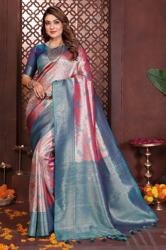 pink color banarasi tissue silk blend blend woven rich paithani designer ceremonial saree