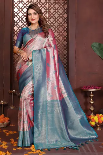 pink color banarasi tissue silk blend blend woven rich paithani designer ceremonial saree