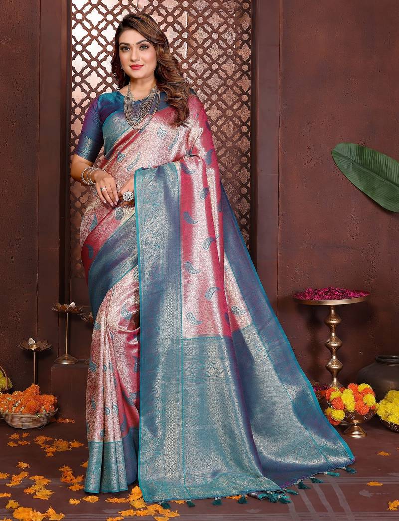 pink color banarasi tissue silk blend blend woven rich paithani designer ceremonial saree