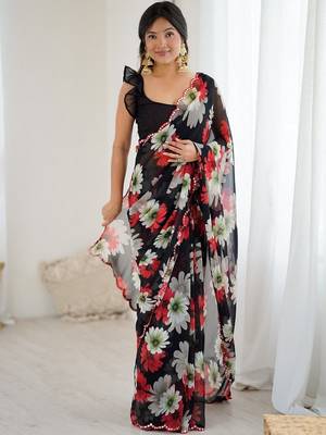 black georgette designe floral printed style saree 1