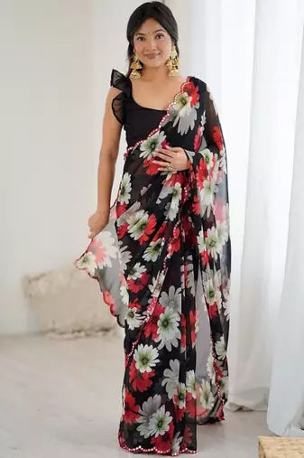 black color georgette fabric designe floral printed bollywood style saree