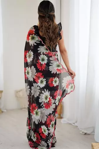 black georgette designe floral printed style saree