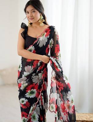 black georgette designe floral printed style saree 3