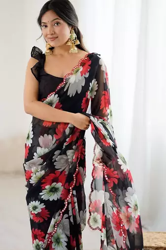 black georgette designe floral printed style saree