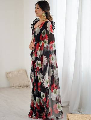 black georgette designe floral printed style saree 4