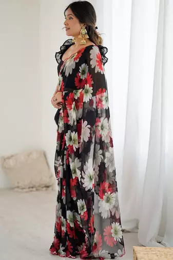 black georgette designe floral printed style saree