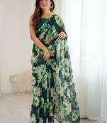 green color georgette fabric designe floral printed bollywood style saree