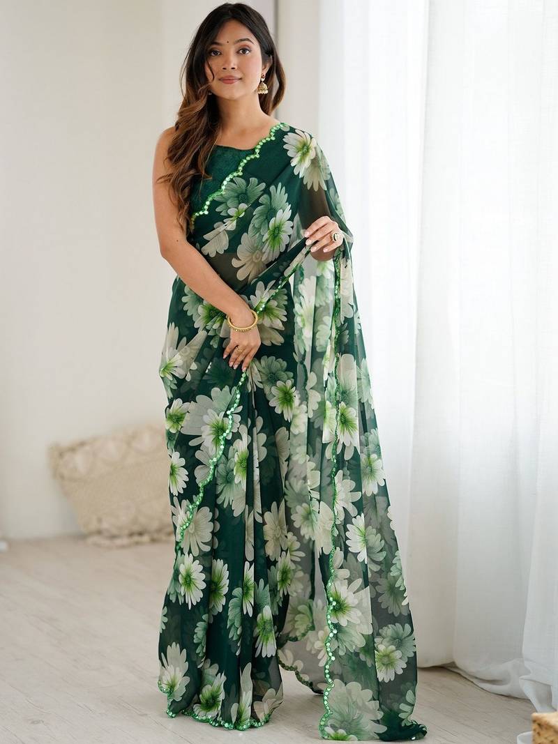 green color georgette fabric designe floral printed bollywood style saree