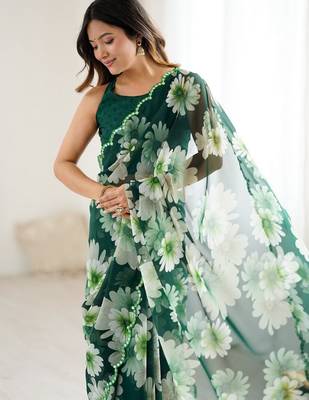 green georgette designe floral printed style saree 3