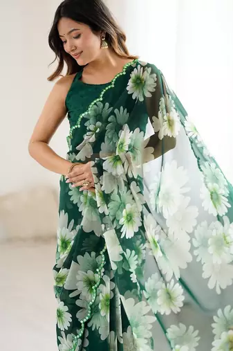 green georgette designe floral printed style saree