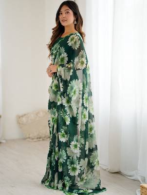 green georgette designe floral printed style saree 4