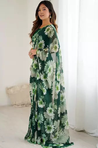 green georgette designe floral printed style saree