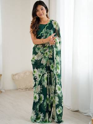 green georgette designe floral printed style saree 5