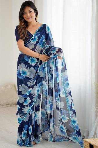 blue color georgette fabric designe floral printed bollywood style saree